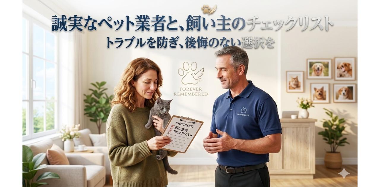 ペット葬儀社男性と、猫を抱えてチェックリストを持つ女性