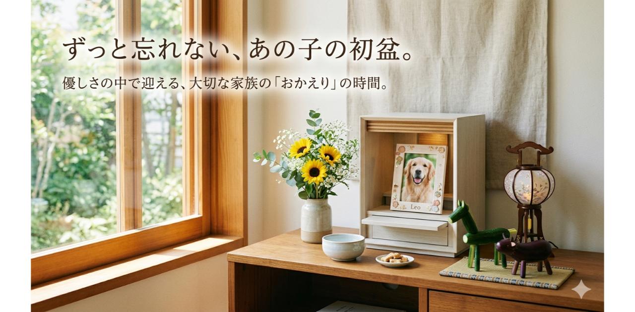 窓辺に置かれた犬の遺影と小さなペット仏壇の写真