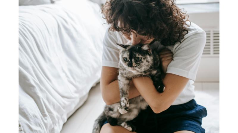 猫を抱きしめる女性の写真