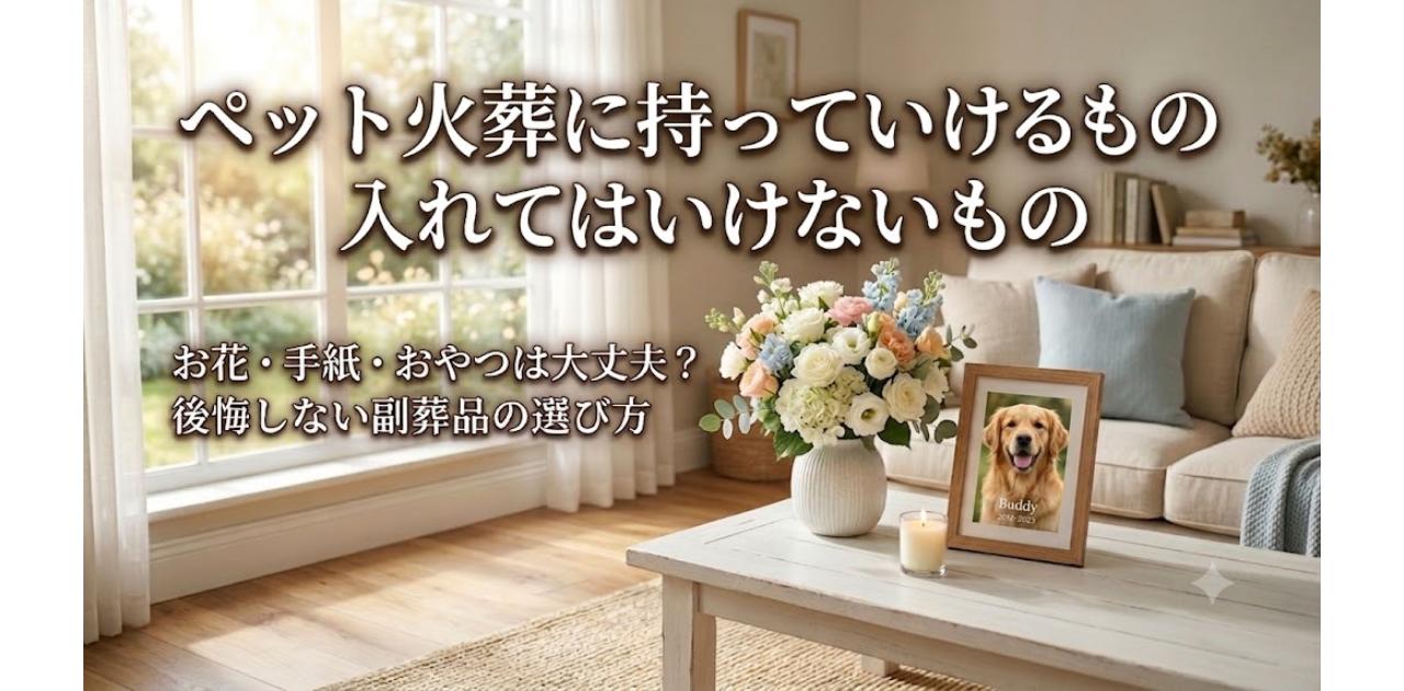 光が入るリビングに飾られた花瓶と犬の写真と添えられた手紙