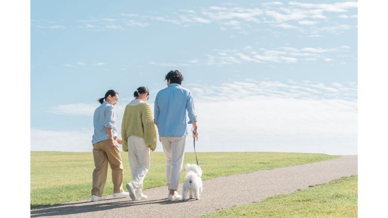 青空の下、小道を歩く家族と白い犬