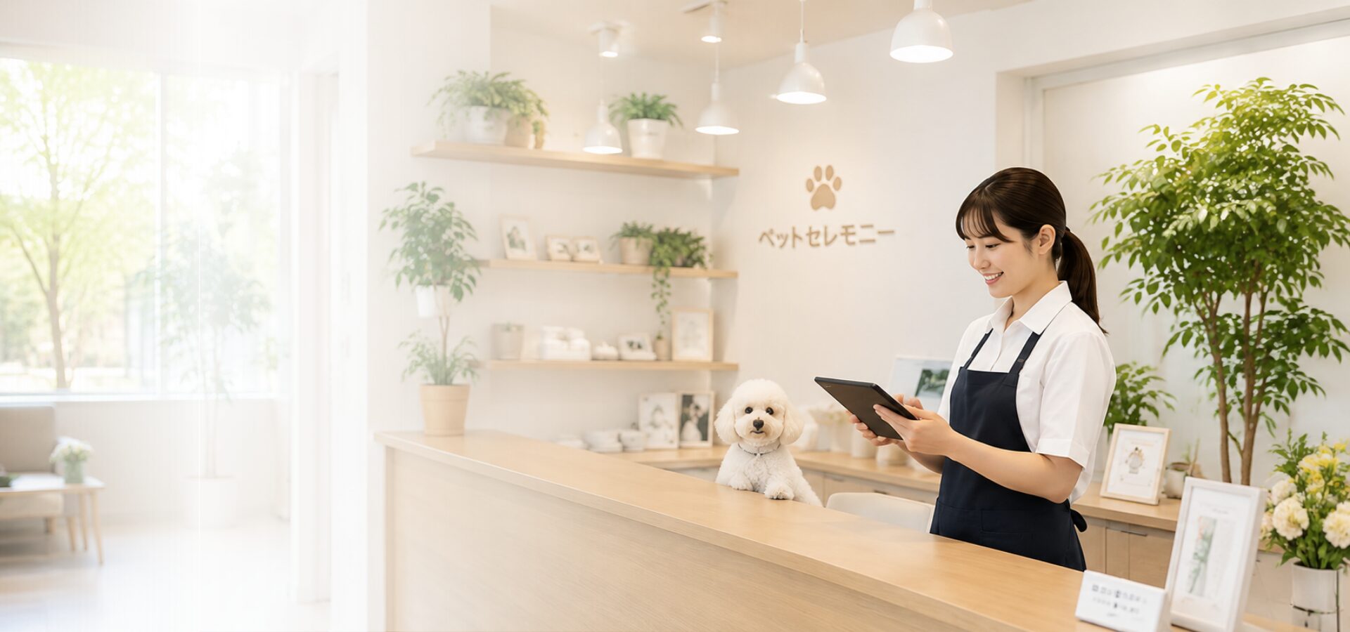 光が入る受付で女性がタブレットを確認している様子