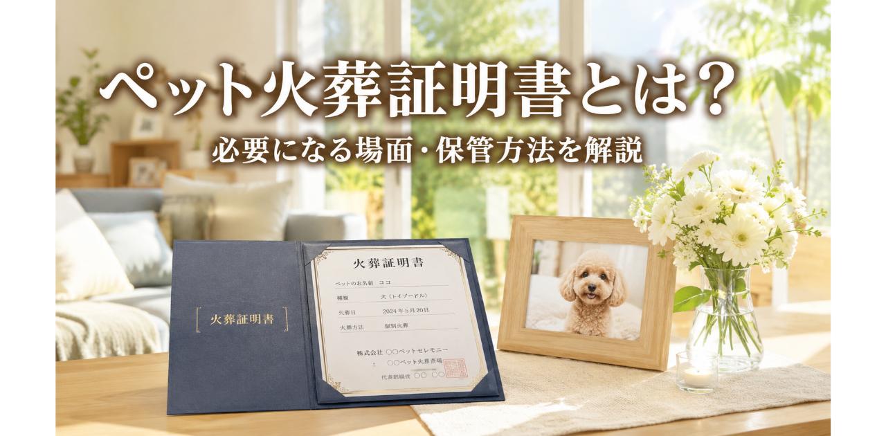 明るい部屋のテーブルの上に置かれた犬の遺影と火葬証明書