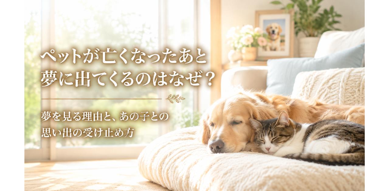 光の入るリビングの大きなクッションの上でお昼寝をする大型犬と猫