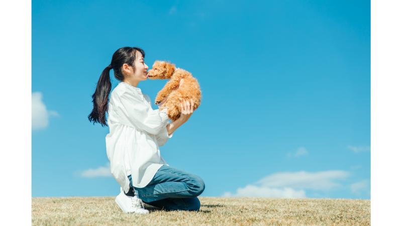 青空と女性とトイプードル