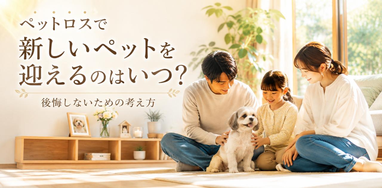 リビングで家族3人が小型犬を囲む様子