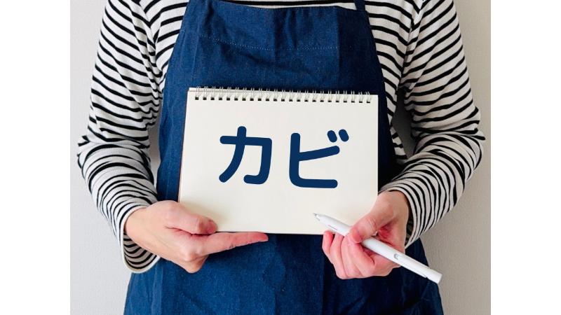 「カビ」の文字が掛かれたスケッチブックを手に持った女性の手元