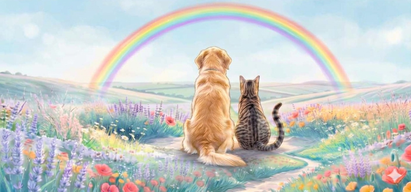 七色の花畑で虹を見つめる犬と猫の後ろ姿