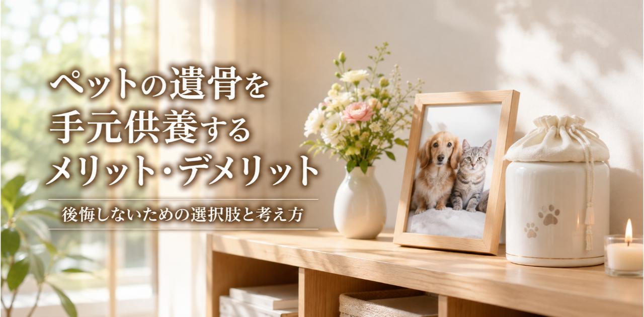 木製のチェストの上に飾られたペットの骨壺と遺影と花瓶