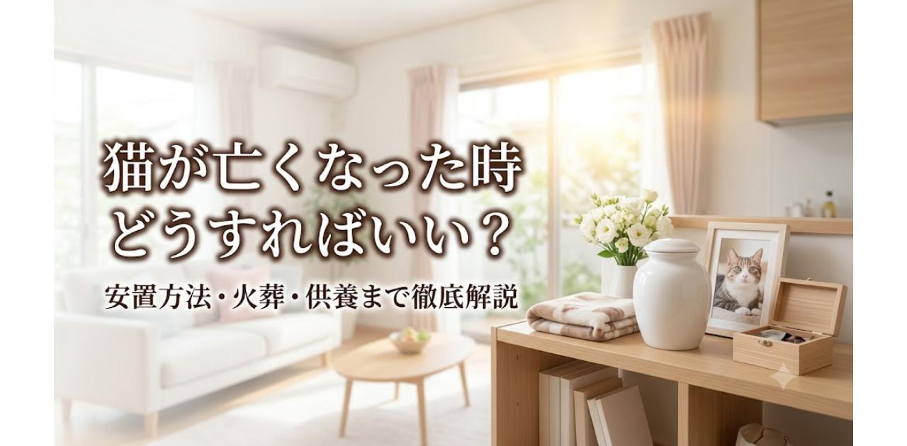 リビングのチェストの上に置かれた白い骨壺と猫の遺影